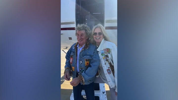 Rod Stewart and Penny Lancaster wear matching outfits as they board private jet to Las Vegas