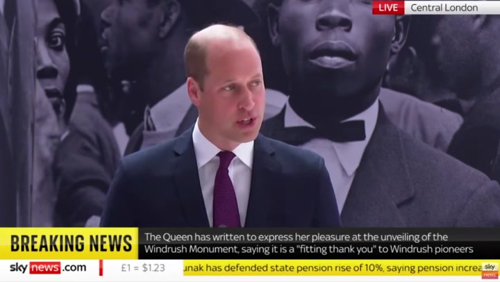 Prince William honours Windrush generation in speech as new statue unveiled