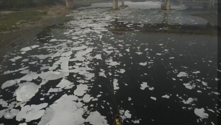Toxic foam floats on Delhi's Yamuna river in drone footage