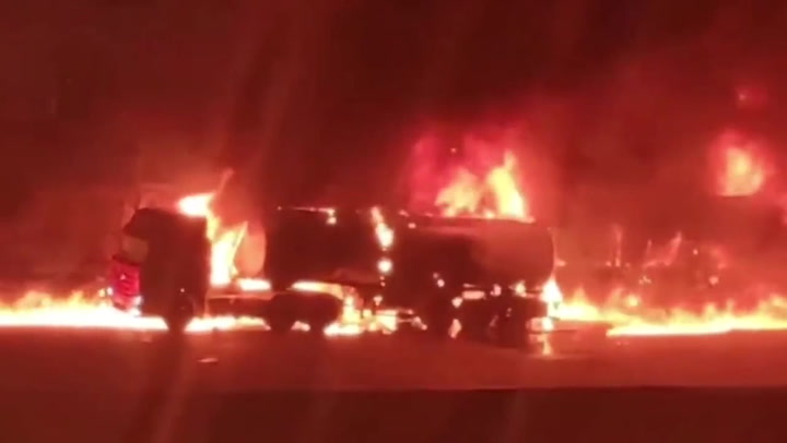 Fierce flames engulf road and cars after oil tanker explodes on China highway
