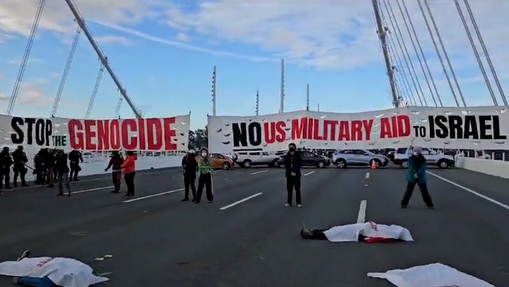 Ceasefire protesters block Bay Bridge as Biden visits San Francisco.mp4