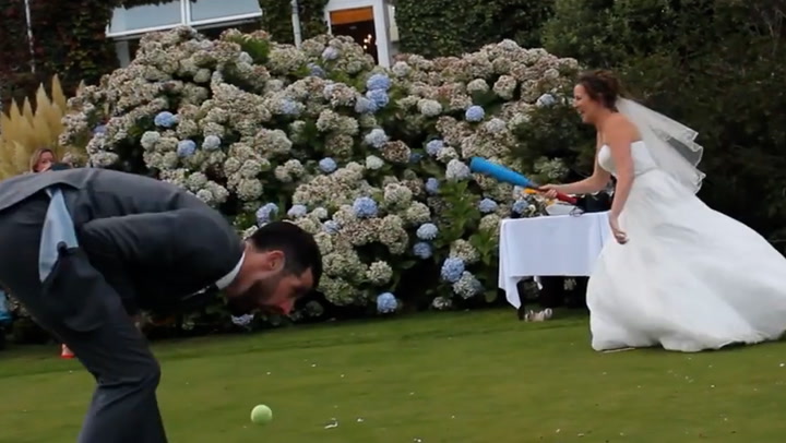 Bride hits groom in groin with ball while playing rounders