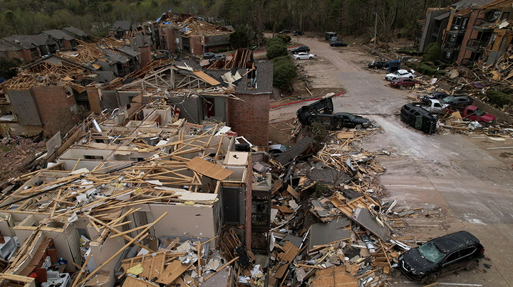 Houses devastated in Arkansas captured on police drone footage