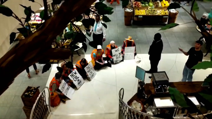 Just Stop Oil activists stage sit-down protest at Fortnum & Mason in London
