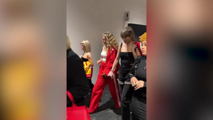 Taylor Swift flanked by Ice Spice and Blake Lively as she arrives at Super Bowl