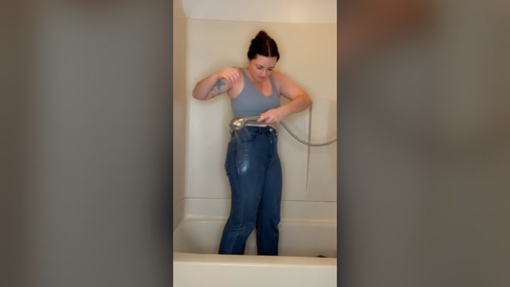 Woman transforms jeans from a size 8 to a size 12 with clever trick