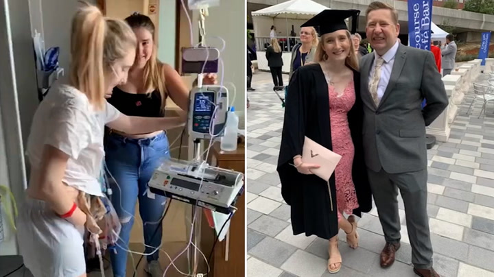 Emotional moment student graduates just six weeks after having her bladder removed