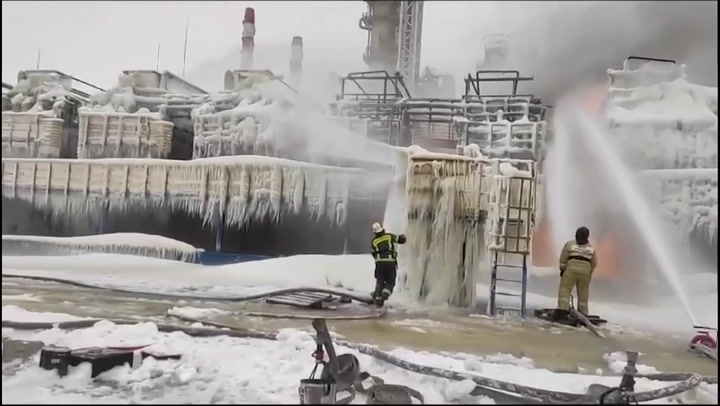 Firefighters battle flames at Russian chemicals terminal after reported Ukrainian drone strikes