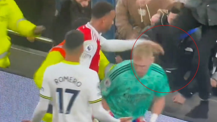 Arsenal goalkeeper appears to be kicked by Tottenham fan