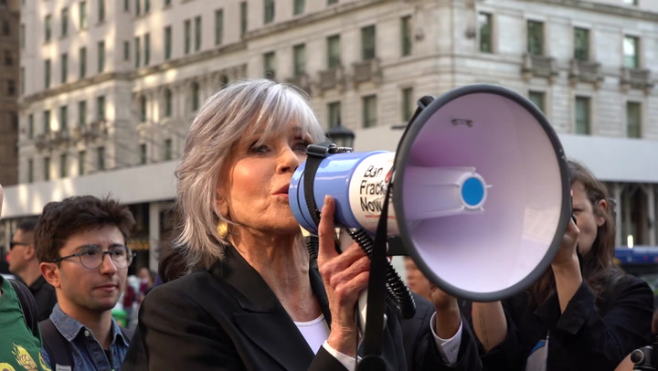 Jane Fonda joins climate protest standing against Biden fundraising in New York