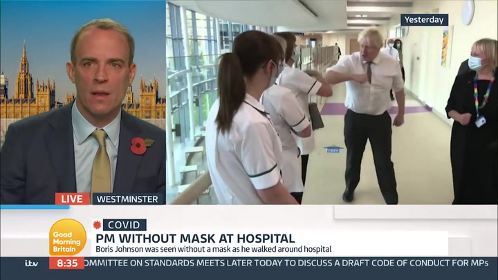 Dominic Raab says Boris Johnson ‘followed guidance’ during maskless hospital visit