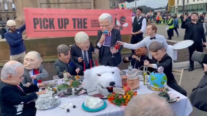 Cop26: Protesters dress up as world leaders for tea-party performance during Fridays for Future march