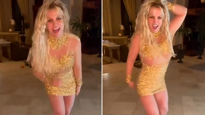 Britney Spears dances in gold sequin dress as she makes social media return