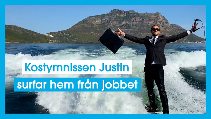 Kostymnissen Justin surfar hem från jobbet