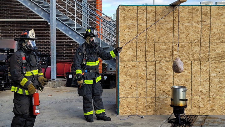 Dangers of deep frying Thanksgiving turkey shown by Chicago Fire Department