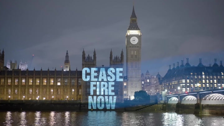Campaigners project ‘Ceasefire Now’ onto Houses of Parliament