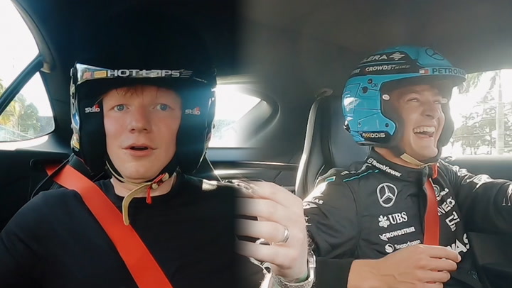 George Russell takes Ed Sheeran for 150mph spin of Miami GP track