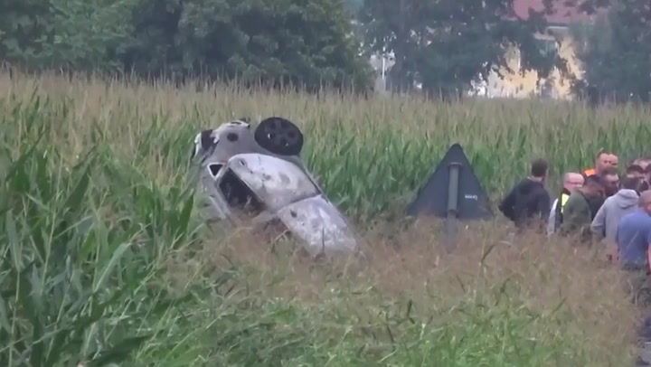 Aftermath of Italy's Frecce Tricolori aircraft crash that killed child