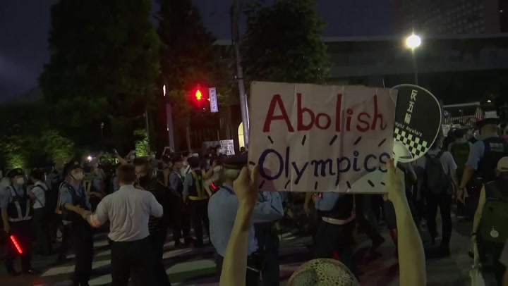Protesters gather outside Tokyo stadium ahead of Olympics closing ceremony