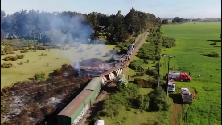 Derailed freight train set on fire by attackers in southern Chile