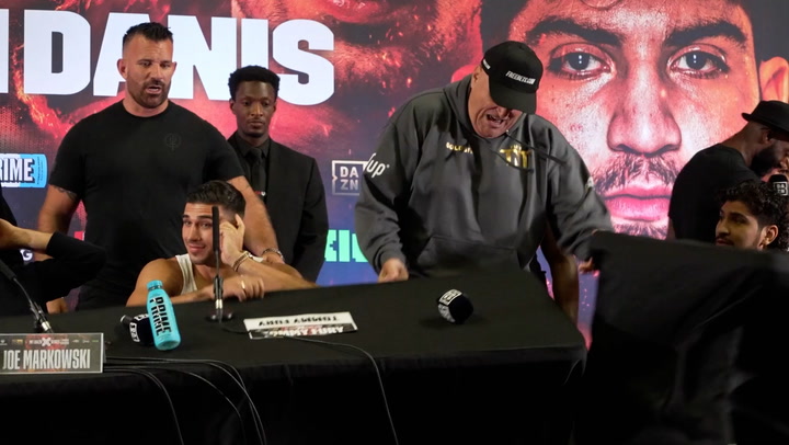 Tommy Fury's father flips tables over during KSI press conference