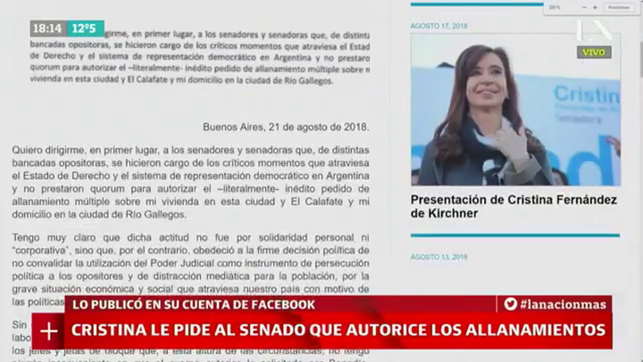 Cristina Kirchner pidió que autoricen los allanamientos