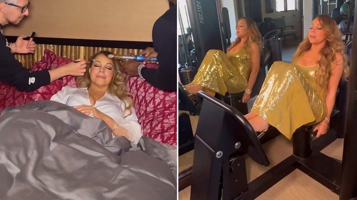 Mariah Carey does gym workout wearing sequined gold gown and platform heels