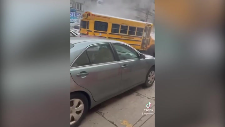 Serial criminal steals empty school bus and smashes it into more than a dozen cars 