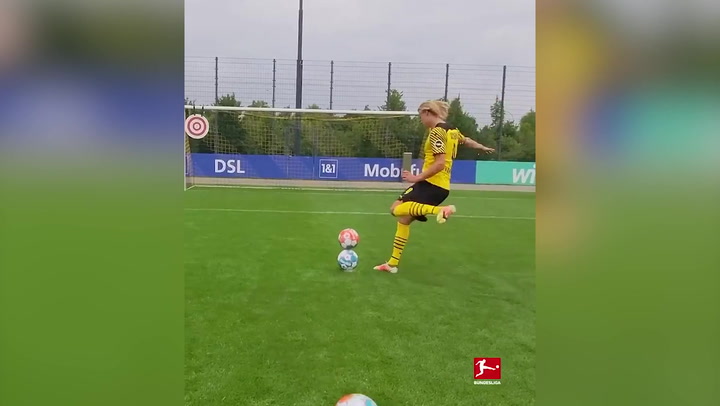 Erling Haaland shows off accuracy with incredible three-ball penalty challenge