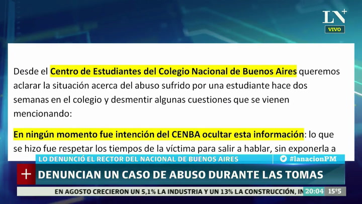 El Centro de Estudiantes del Nacional Buenos Aires admitió que sabía del caso de abuso