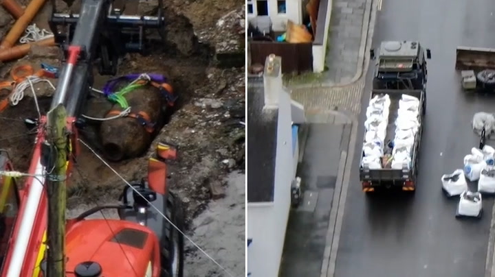 Drone footage shows WW2 bomb being driven through Plymouth before detonation.mp4