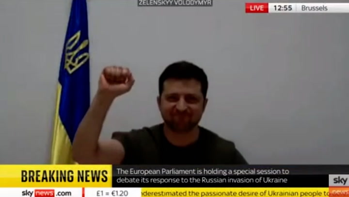 Ukrainian president Zelensky raises fist after standing ovation from European Parliament