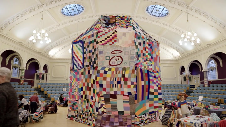 Knitters create UK's biggest bobble hat using 2 million yards of yarn