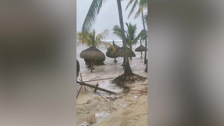 Cyclone Freddy wrecks sunshades on Mauritius local beach