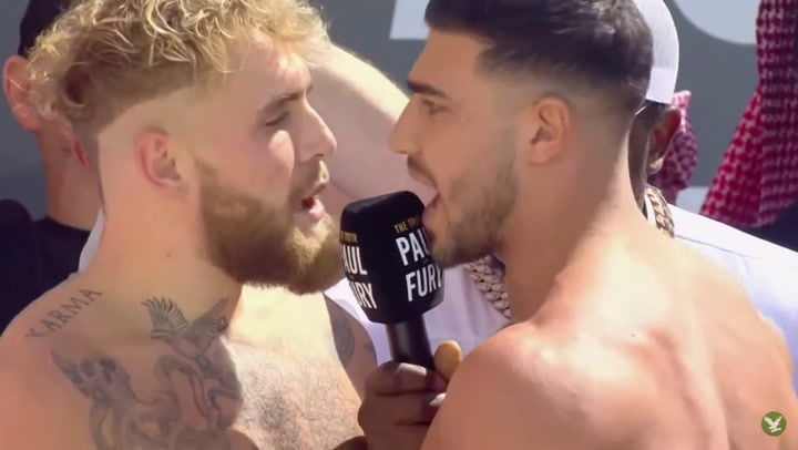 Tommy Fury shoves Jake Paul after going nose-to-nose at weigh-in ahead of Riyadh fight