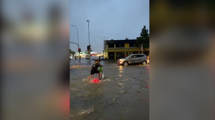 New Zealand floods: E-scooter rider attempts to navigate submerged Auckland road