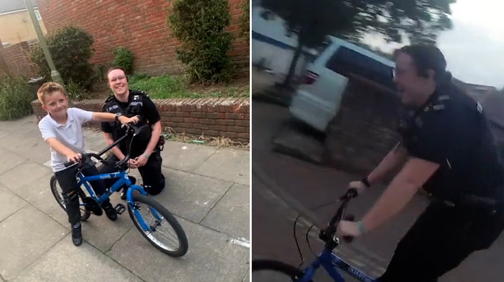 Police officer borrows schoolboy's tiny bike to chase suspected burglar